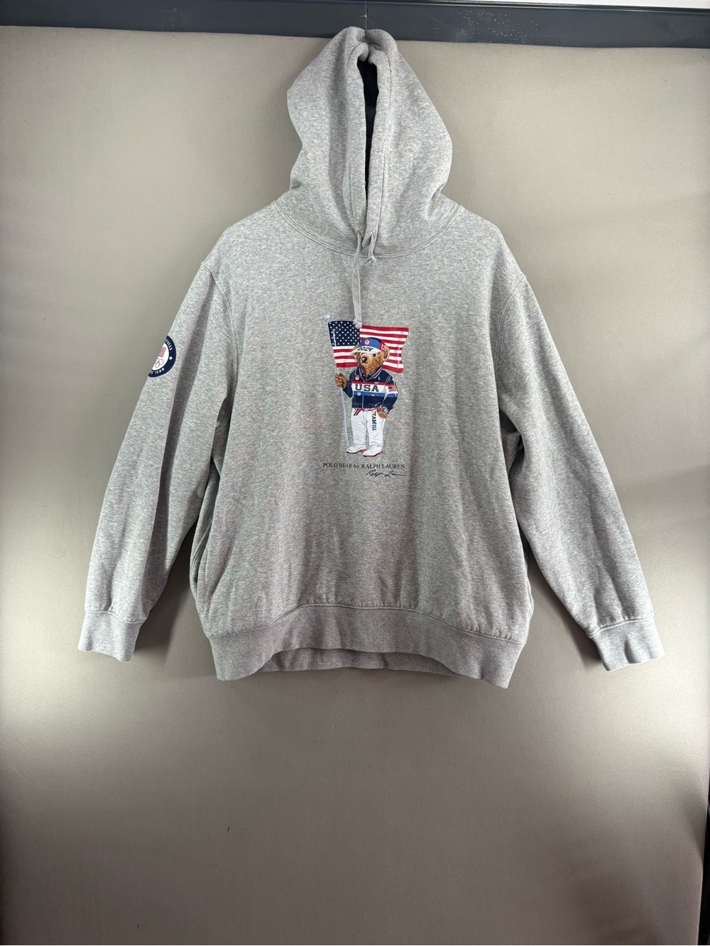 Polo Ralph Lauren USA Flag American Polo Bear Gray Hooded Sweatshirt Sz XL